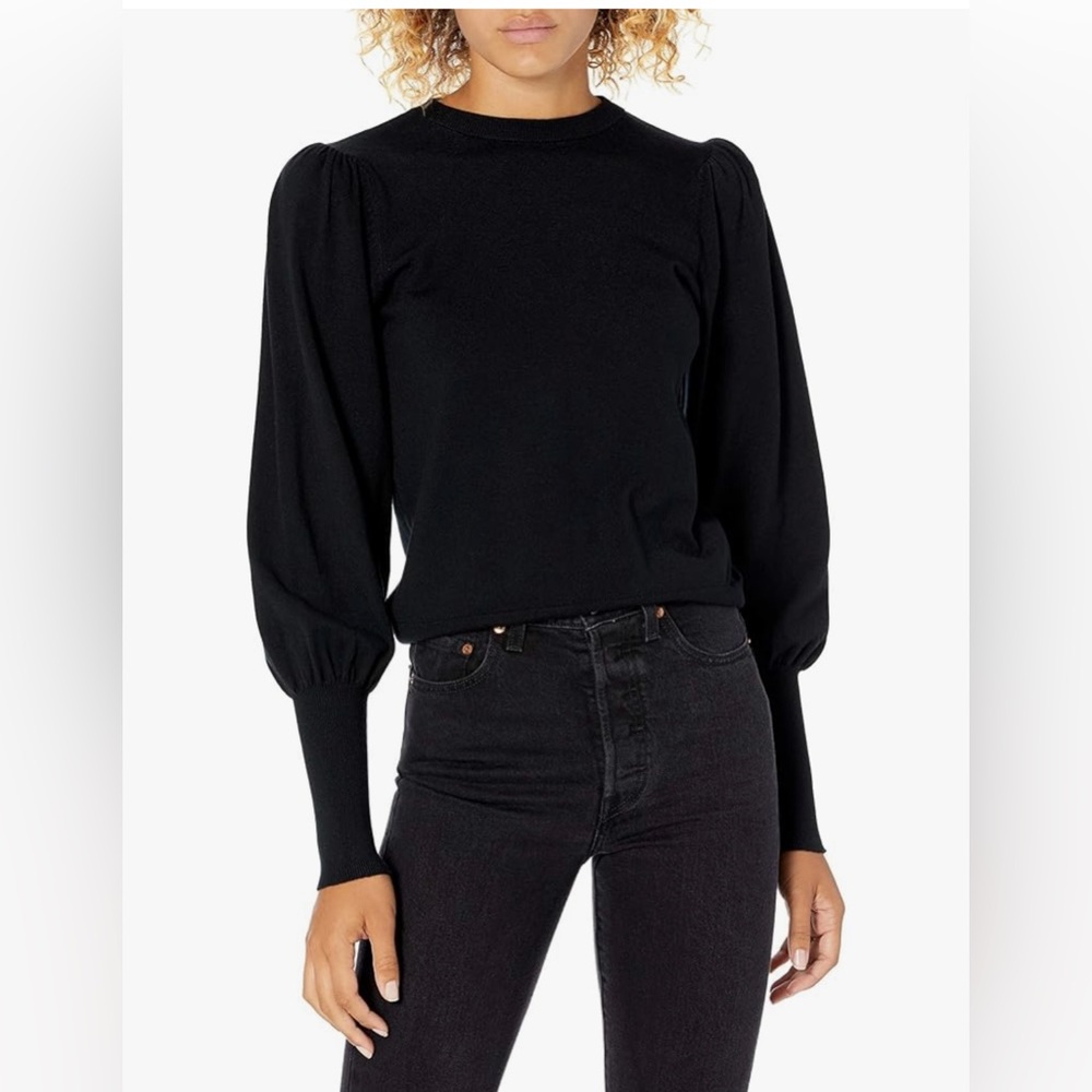 The Drop Vivienne Padded Shoulder Balloon Sleeve Crewneck Sweater Black